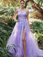Lavender A Line One Shoulder Prom Dress With Floral Appliques And Slit