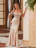 Champagne Satin Mermaid Prom Dress Off The Shoulder Beaded Fringe Bodice