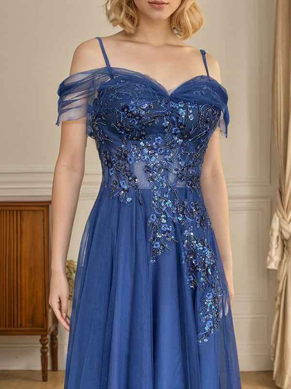 Navy Blue A Line Prom Dress With Embroidered Appliques And Spaghetti Straps