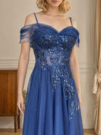 Navy Blue A Line Prom Dress With Embroidered Appliques And Spaghetti Straps