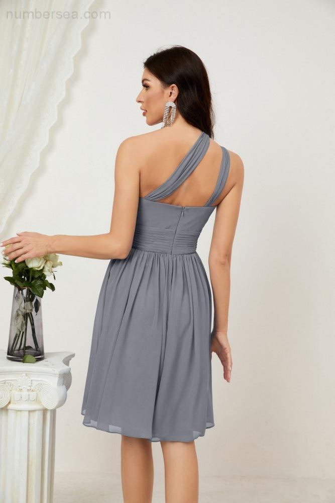Numbersea Damen Chiffon Kurzes Ein-Schulter Brautjungfernkleid Festliche Kleider für Feier Heimkehr 2804