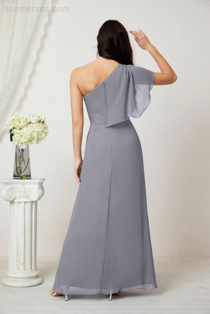 Abito da Sera Formale A-line con Spalla Singola e Balze in Chiffon, Spacco Laterale, per Damigelle, Modello 2809