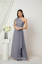 Abito da Sera Formale A-line con Spalla Singola e Balze in Chiffon, Spacco Laterale, per Damigelle, Modello 2809