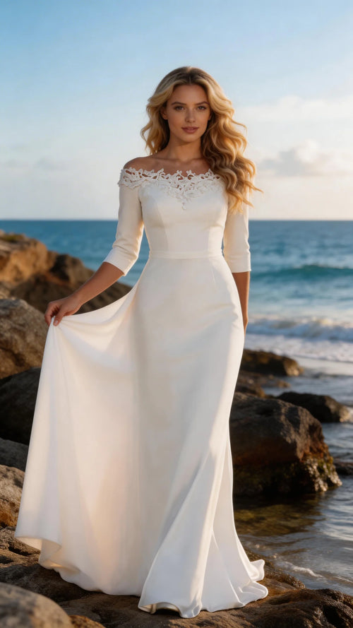 #005 3/4 sleeve O-neck A-line wedding dress with lace appliques and satin bodice.