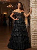 Off Shoulder Tiered Lace Prom Dress In Silver Gray With Sparkle