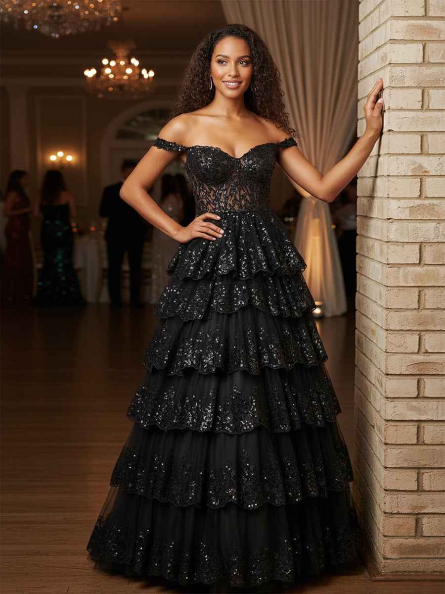 Off Shoulder Tiered Lace Prom Dress In Silver Gray With Sparkle