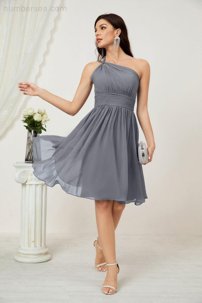 Numbersea Damen Chiffon Kurzes Ein-Schulter Brautjungfernkleid Festliche Kleider für Feier Heimkehr 2804