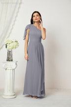Abito da Sera Formale A-line con Spalla Singola e Balze in Chiffon, Spacco Laterale, per Damigelle, Modello 2809