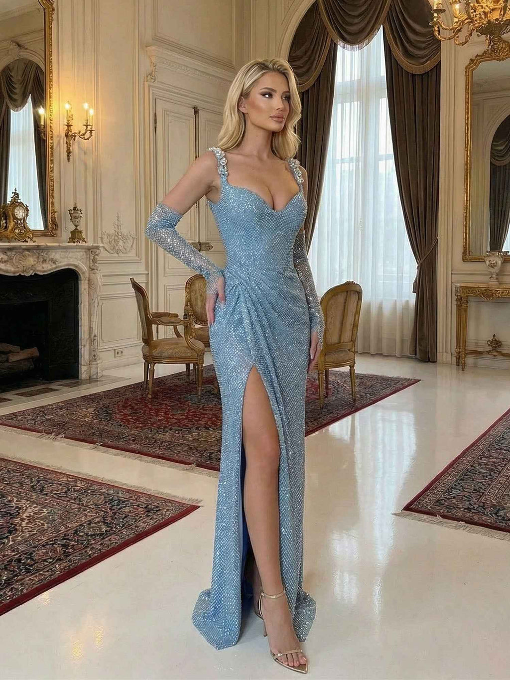 Light Blue Sequin Mermaid Prom Dress With Long Opera Gloves