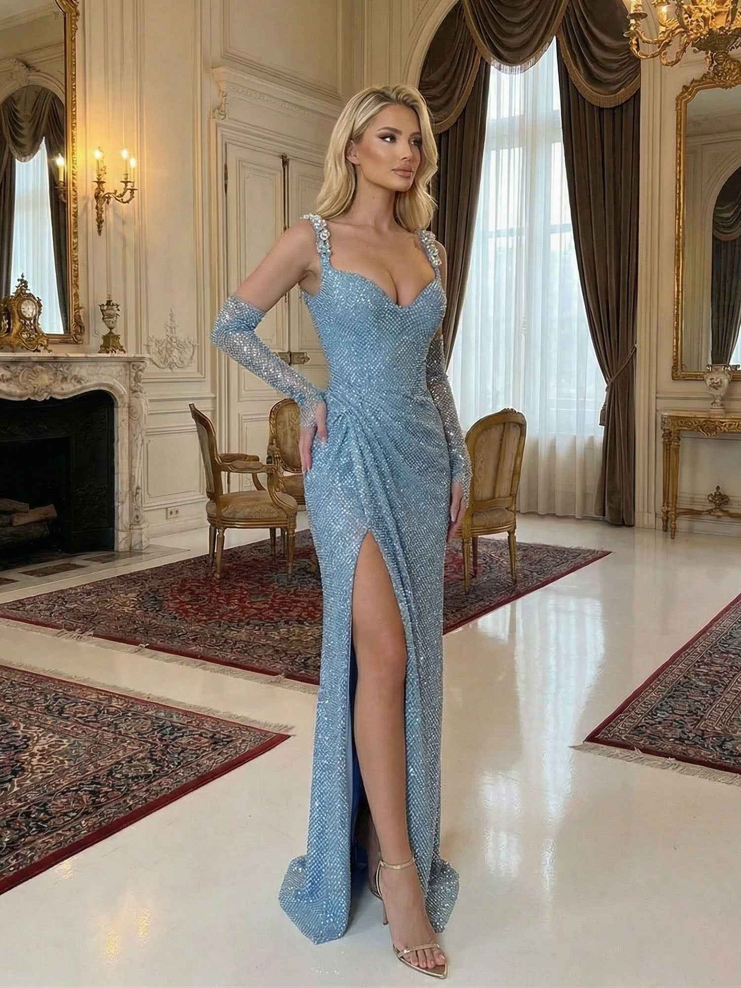 Light Blue Sequin Mermaid Prom Dress With Long Opera Gloves