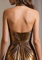 Sparkly Black Gold Halter Sheath Metallic Evening Dress With Slit