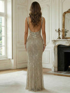 Champagne Gold Crystal Embellished Mermaid Prom Dress