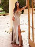 Sparkly Champagne Sheath V Neck Sequined Prom Dress With Slit