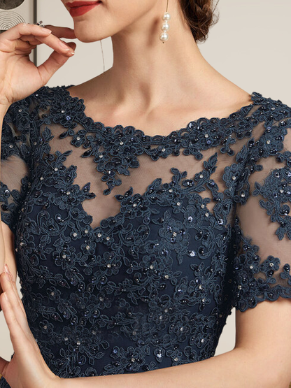A-Linie U-Ausschnitt Illusion Bodenlang Chiffon Spitze Mutter der Braut Kleid mit Pailletten Perlen