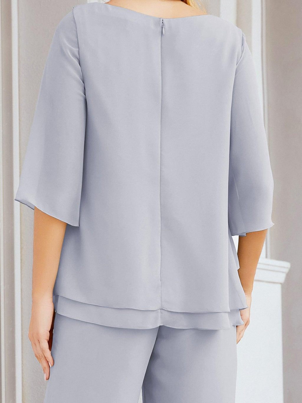 Robe de mariée élégante pour la mère de la mariée en deux pièces, tailleur pantalon grande taille à volants superposés, peignoir argenté 28064