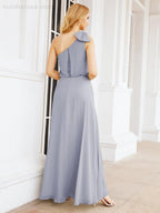 Robe de mariée longue asymétrique en mousseline à volants, sans manches et fendue sur le côté, modèle 28057