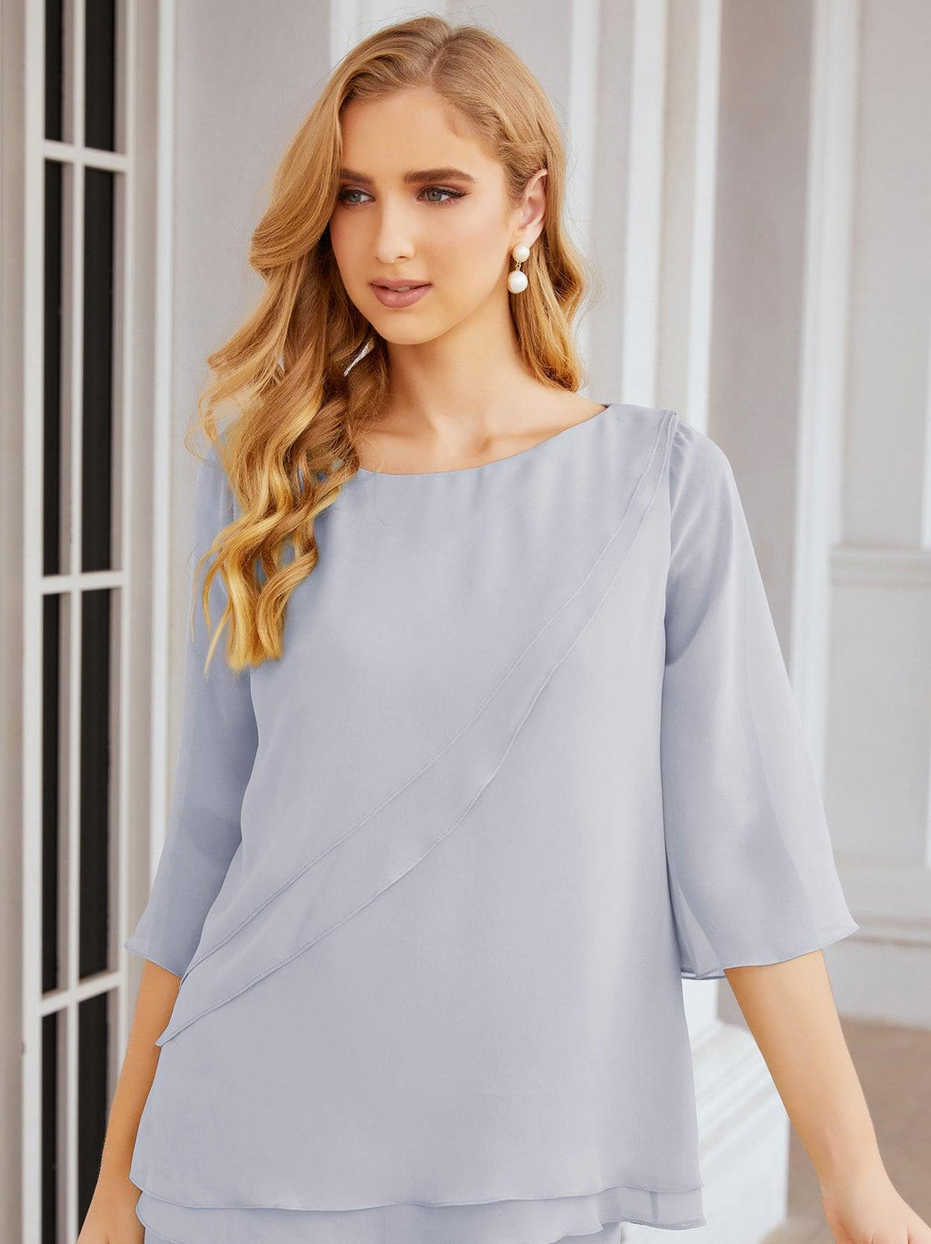 Robe de mariée élégante pour la mère de la mariée en deux pièces, tailleur pantalon grande taille à volants superposés, peignoir argenté 28064