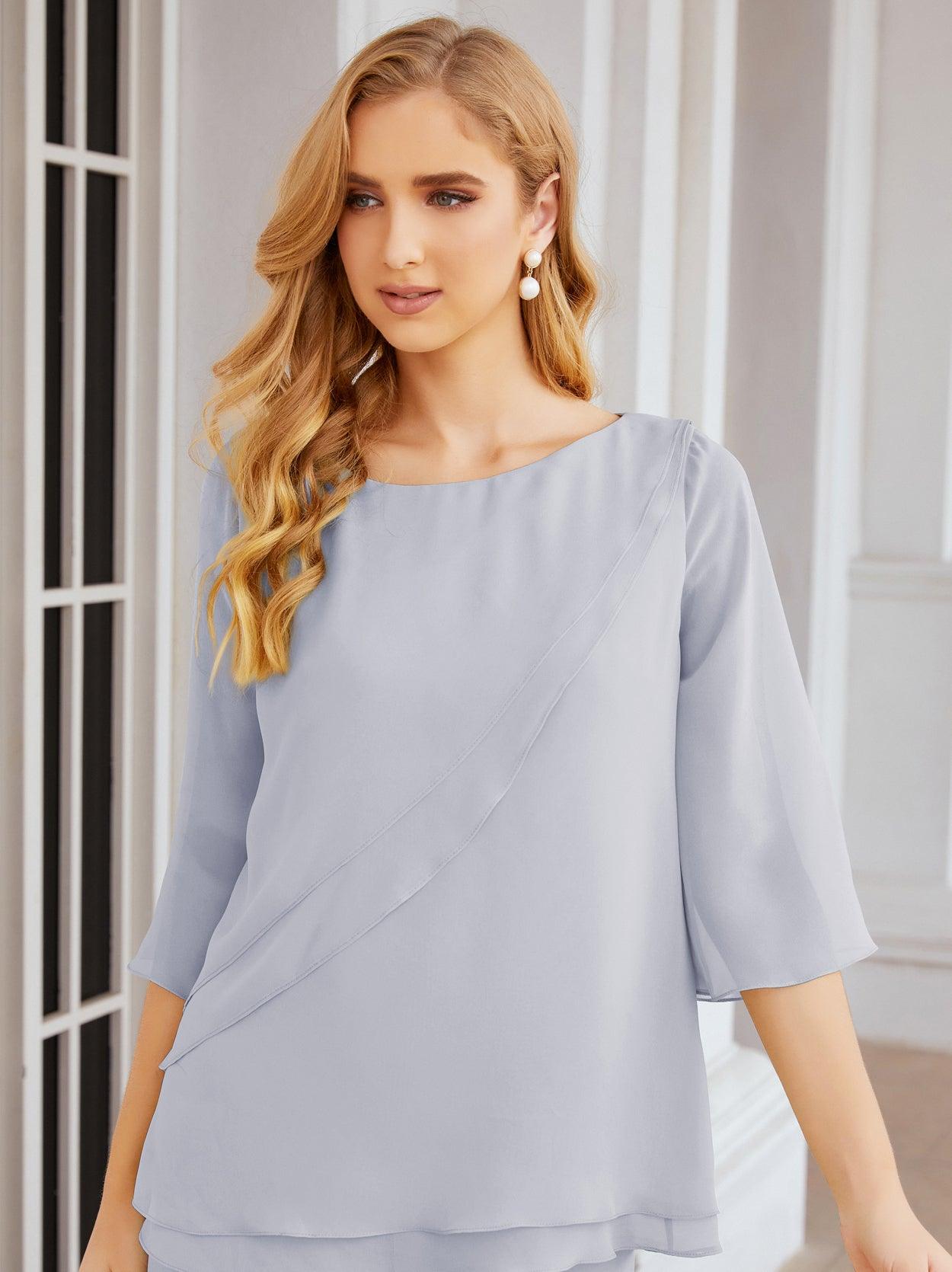 Robe de mariée élégante pour la mère de la mariée en deux pièces, tailleur pantalon grande taille à volants superposés, peignoir argenté 28064