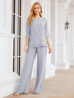 Robe de mariée élégante pour la mère de la mariée en deux pièces, tailleur pantalon grande taille à volants superposés, peignoir argenté 28064