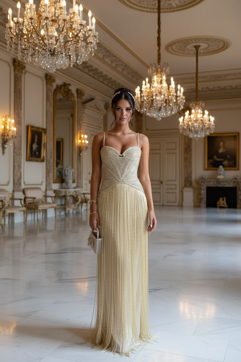 Spaghetti Straps Sleeveless Long Prom Dress Beading Tassel Custom Made