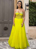 Yellow A Line Sweetheart Long Corset Prom Dress With Beaded Bodice