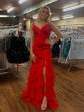 Red Mermaid Long Prom Dress With Spaghetti Straps And Cascading Ruffles