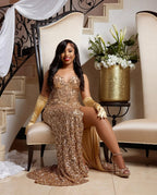 Champagne Gold Sequin Mermaid Gown With Satin Gloves High Slit Train