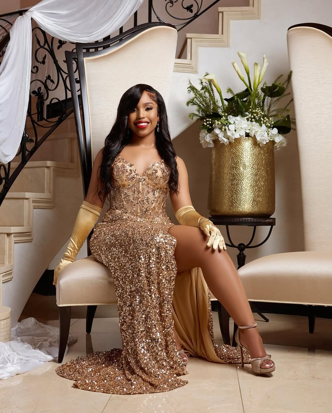 Champagne Gold Sequin Mermaid Gown With Satin Gloves High Slit Train