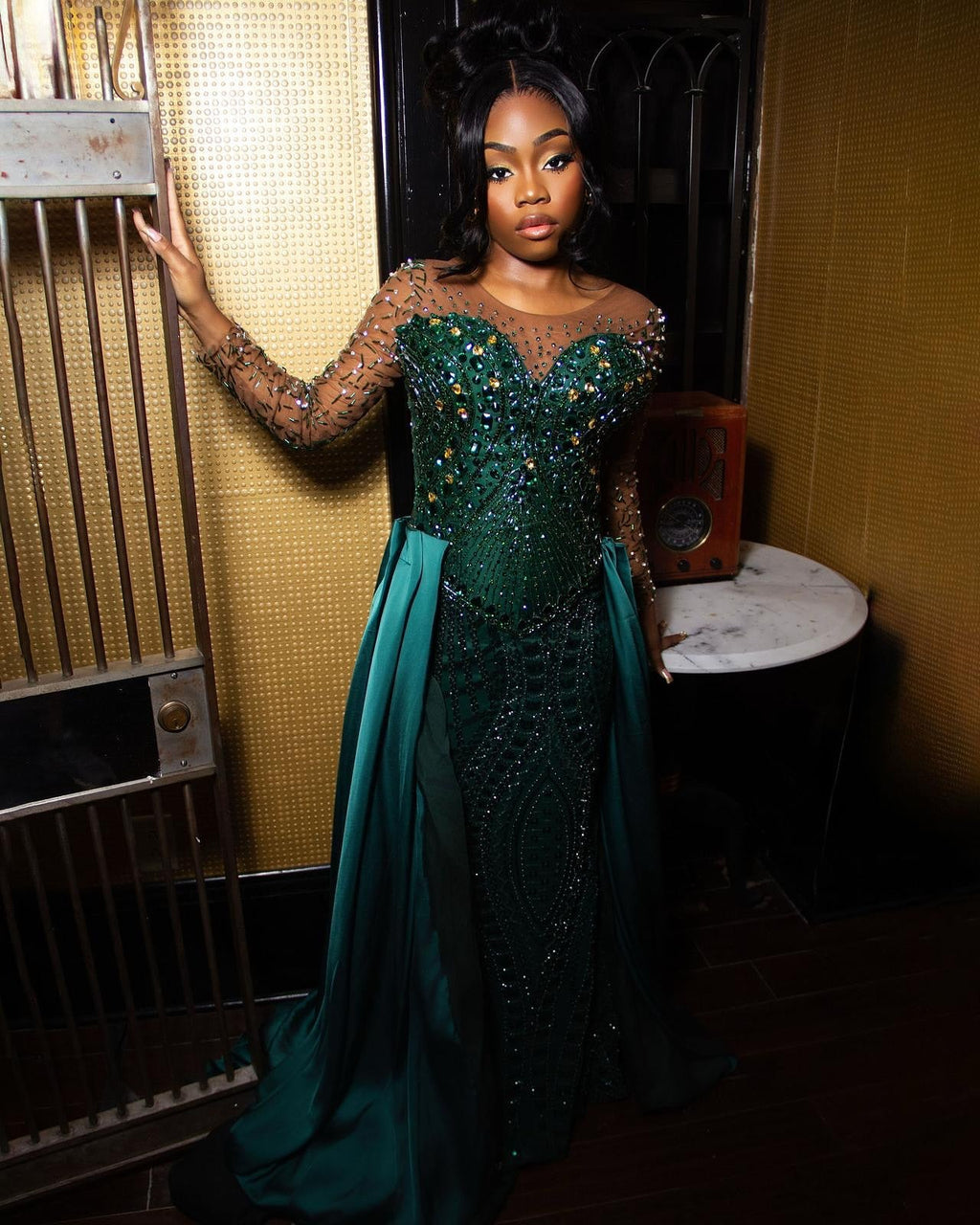 Emerald Empress Illusion Sleeve Beaded Mermaid Gown With Crystal Overskirt Train