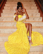 Golden Sunflower Off Shoulder Evening Gown White Floral Appliques Crystal Fringe