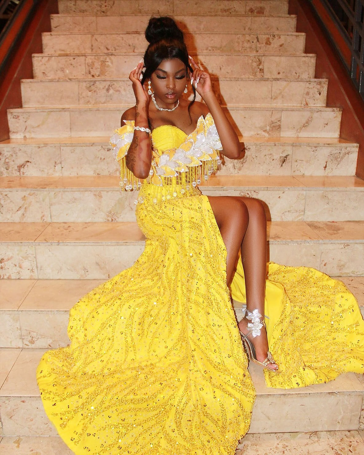 Golden Sunflower Off Shoulder Evening Gown White Floral Appliques Crystal Fringe