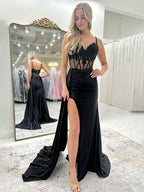 Black Mermaid Prom Dress With Cape Back And Lace Applique