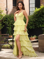 Yellow A Line V Neck Ruffled Tiered Chiffon Prom Dress With Slit