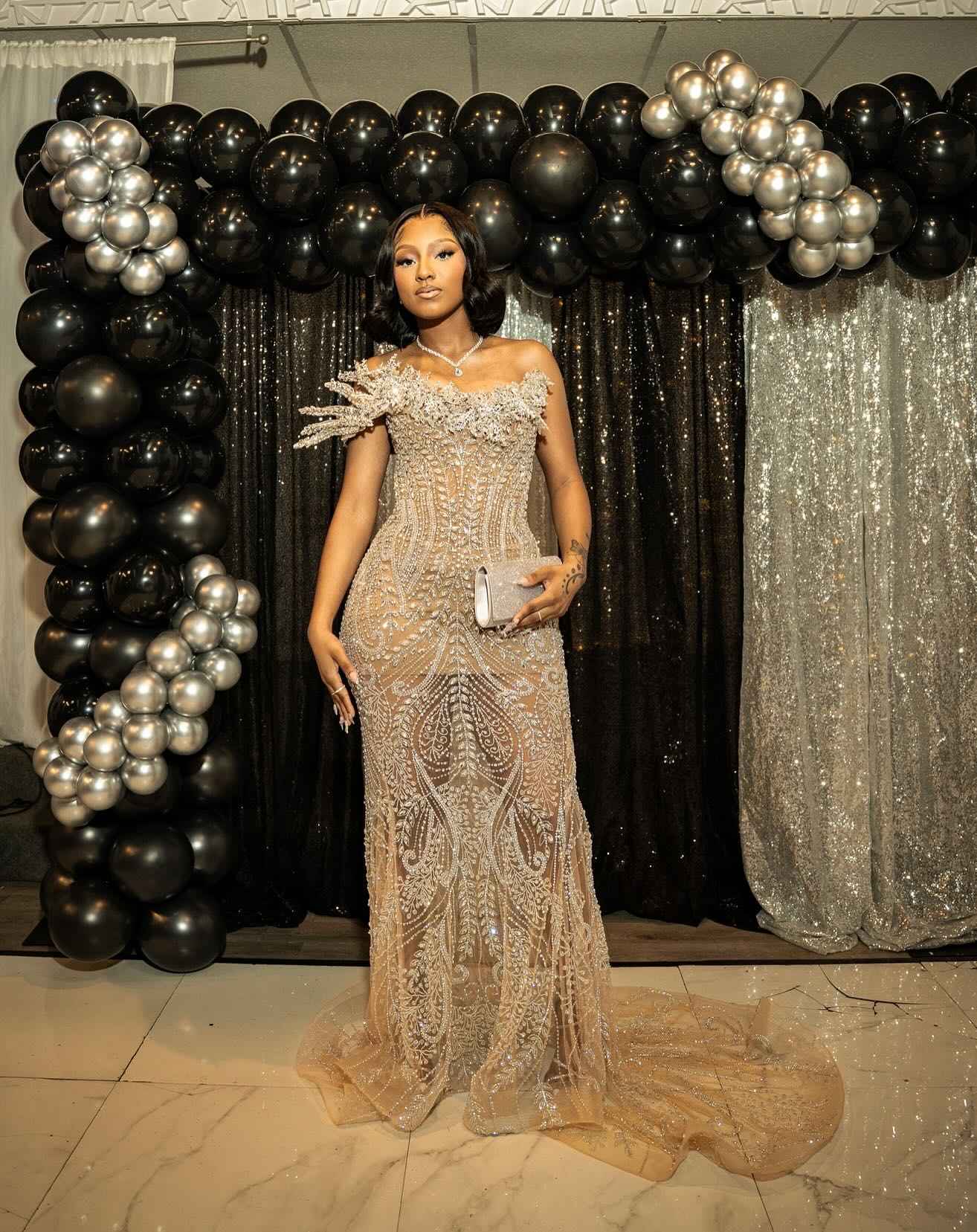 Gilded Dreams Off Shoulder Champagne Mermaid Gown With Crystal Beadwork