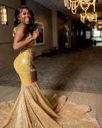 Champagne Gold Mermaid Prom Dress With Illusion Cutouts And Sequin Train