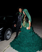 Emerald Green Hooded Prom Dress For Black Girls Sparkly Bodice Tulle Train