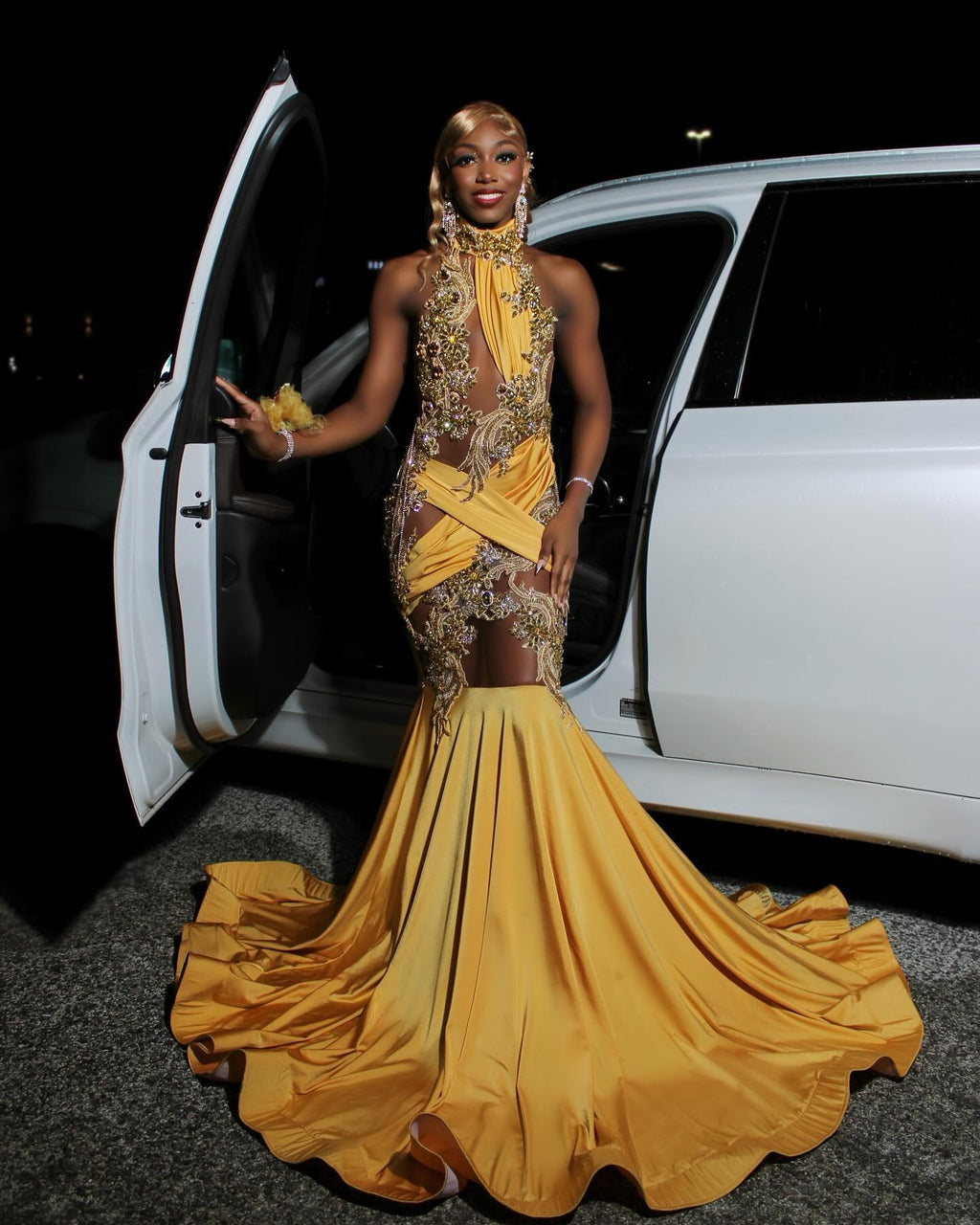 Regal Golden Yellow Mermaid Prom Dress With 3D Embroidery And Illusion Cutouts