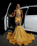 Regal Golden Yellow Mermaid Prom Dress With 3D Embroidery And Illusion Cutouts