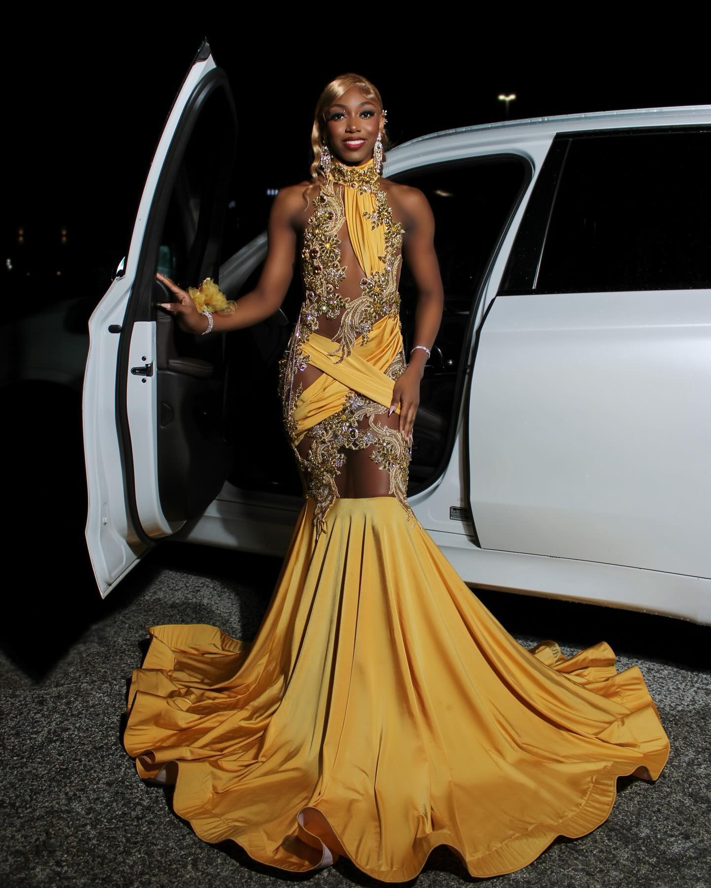 Regal Golden Yellow Mermaid Prom Dress With 3D Embroidery And Illusion Cutouts