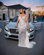 Silver Crystal Beaded Mermaid Gown Illusion Neckline And 3D Floral Appliques