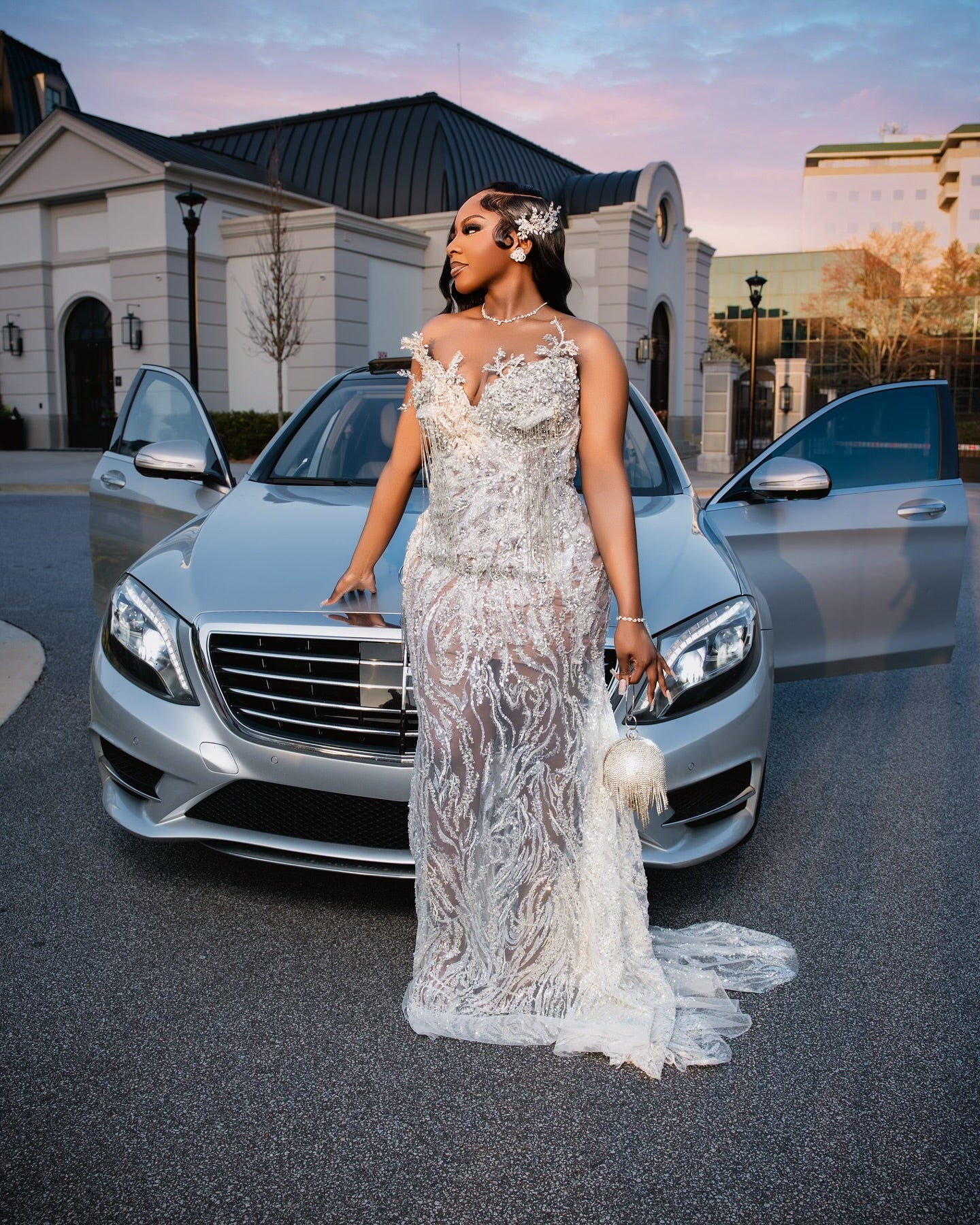 Silver Crystal Beaded Mermaid Gown Illusion Neckline And 3D Floral Appliques