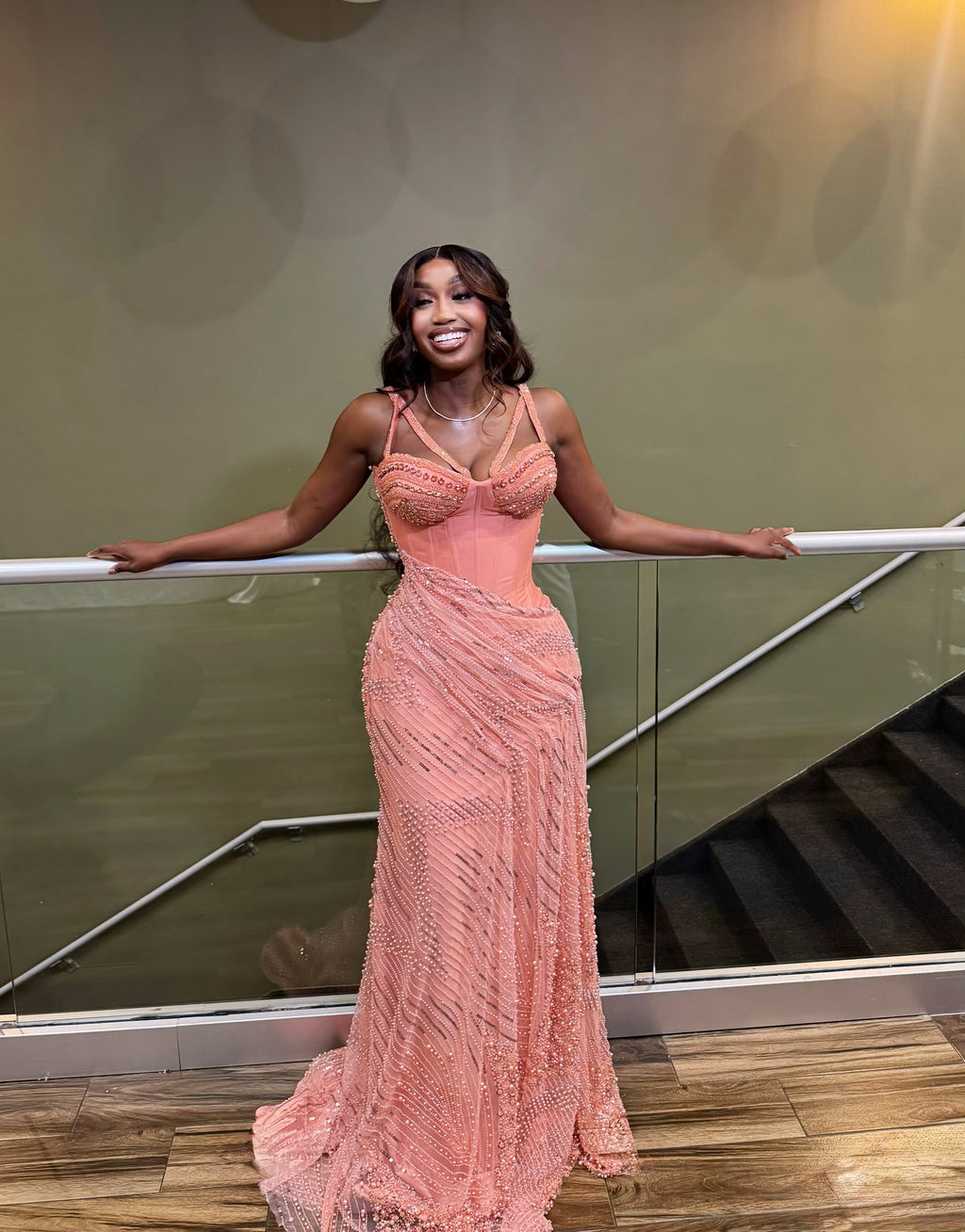 Peach Sorbet Sculptural Corset Mermaid Prom Dress With Pearl Beading