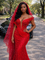 Scarlet Empress 3D Sculptural Beaded Mermaid Gown In Power Red