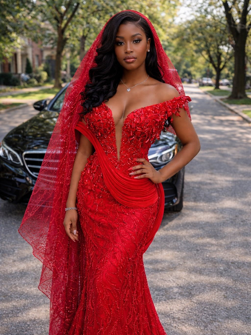 Scarlet Empress 3D Sculptural Beaded Mermaid Gown In Power Red