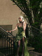Olive Green Shimmer Prom Dress Goddess Style Ruched Bodice High Slit