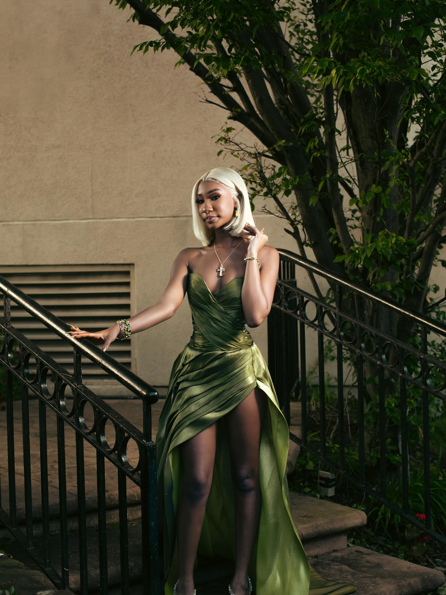 Olive Green Shimmer Prom Dress Goddess Style Ruched Bodice High Slit