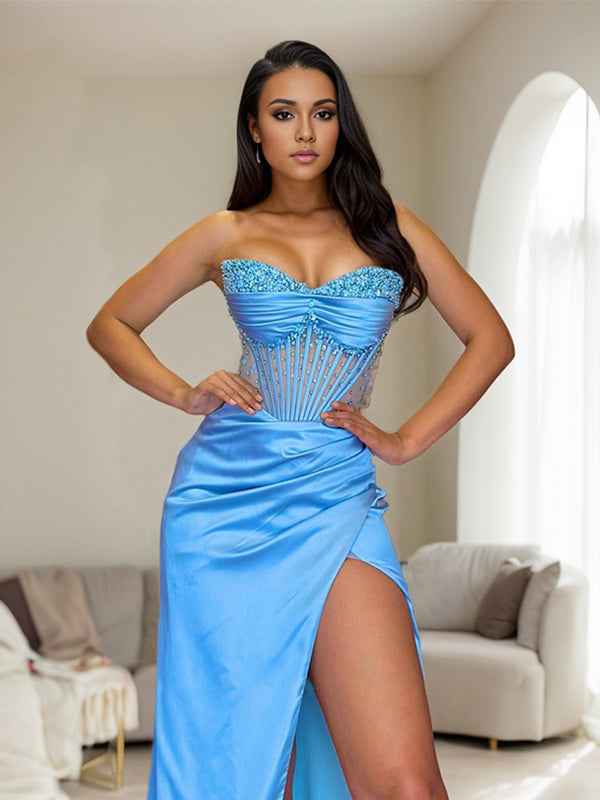 Blue Beaded Corset Prom Dress With Slit And Sweetheart Neckline