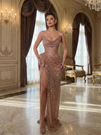Champagne Gold Crystal Embellished Corset Prom Dress With Slit