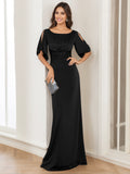 Elegant Black Floor Length Mother Of The Bride Dress Half Sleeves Round Neck