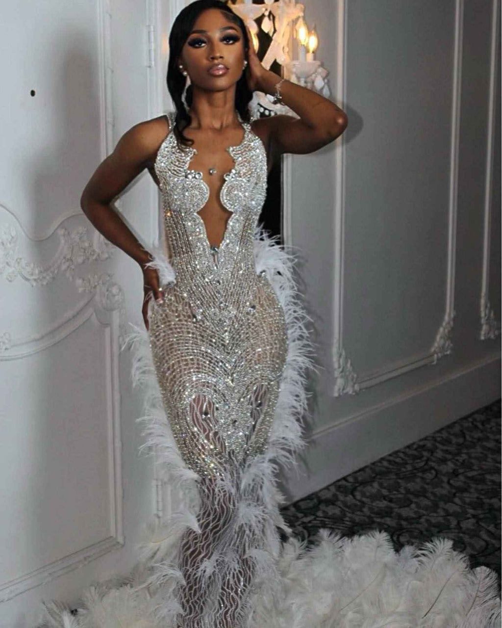 White Angel Crystal Beaded Mermaid Evening Gown With Plunging V Neck Open Back
